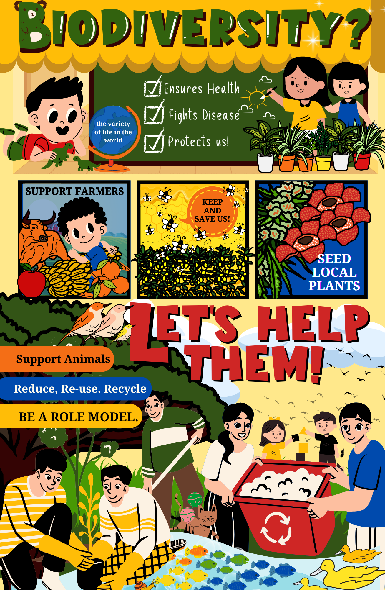 Educational biodiversity poster with illustrations