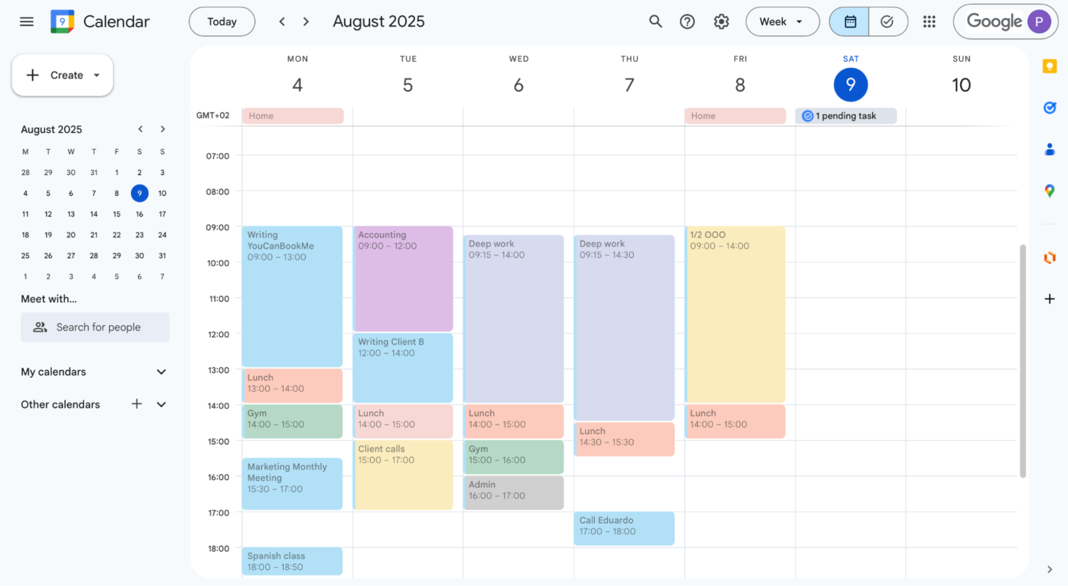 Screenshot of a color-coded Google Calendar week view