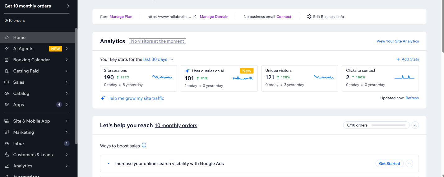 Screenshot of a Wix e-commerce dashboard being managed