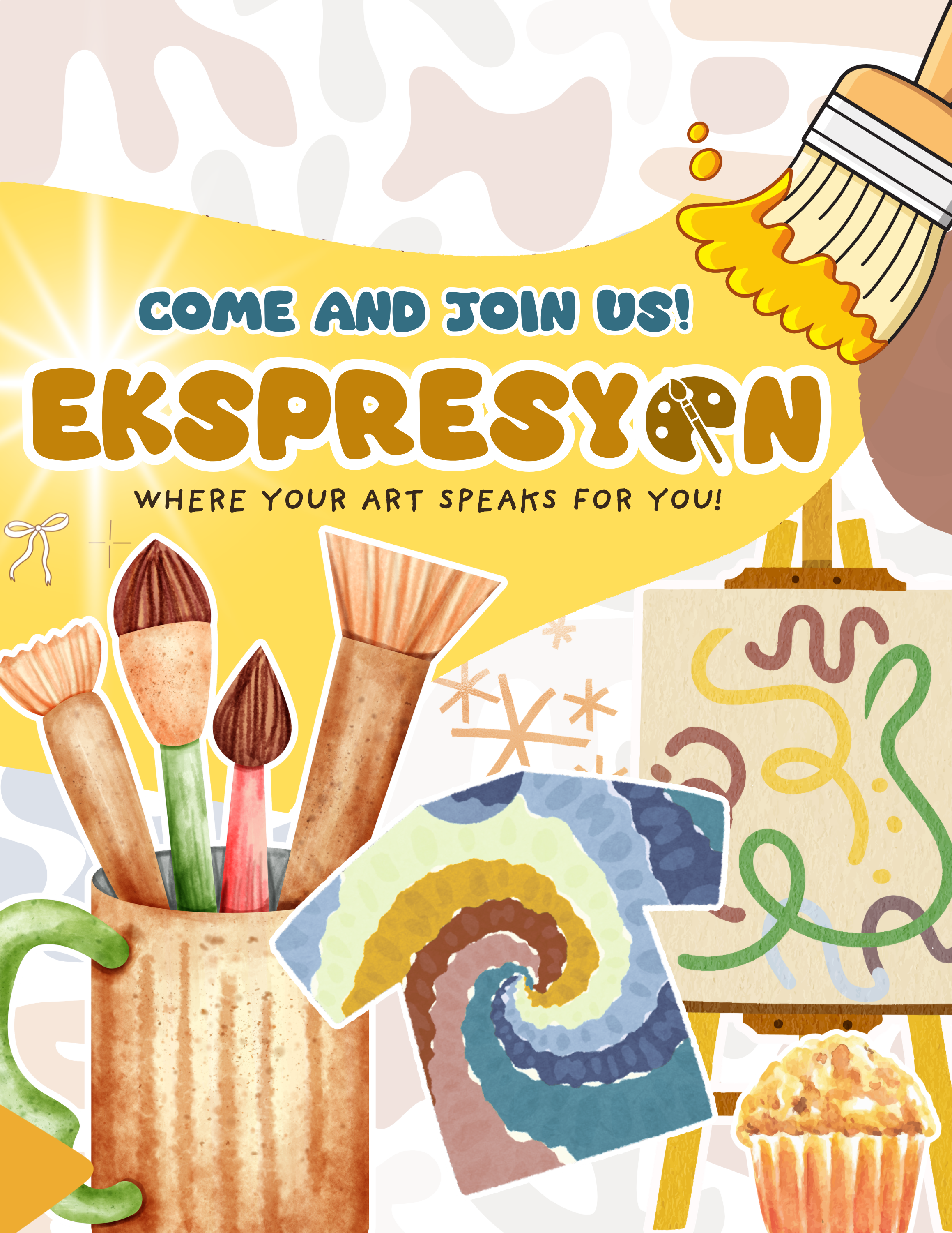 Ekspresyon Club event poster with hand-illustrated art supplies